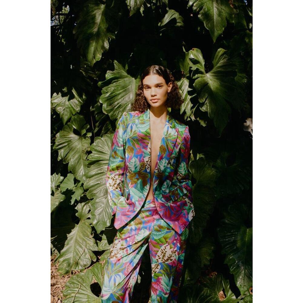 ZARA Satin Effect Tropical‎ Print Blazer Pants Suit Set Size XL Floral 2Pc NWT